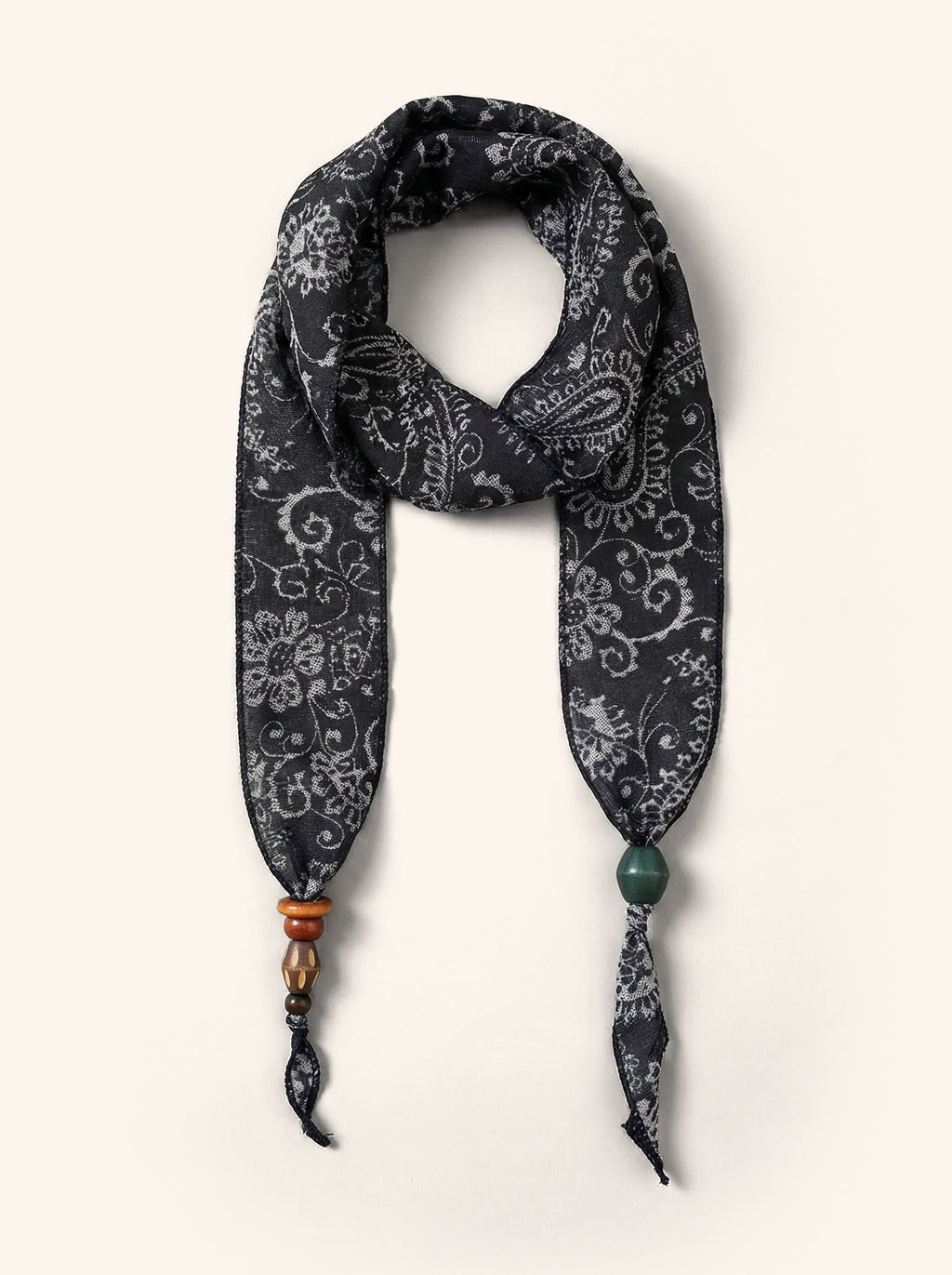 Multi-Functional Floral Satin Scarf With Jade Bead Accents