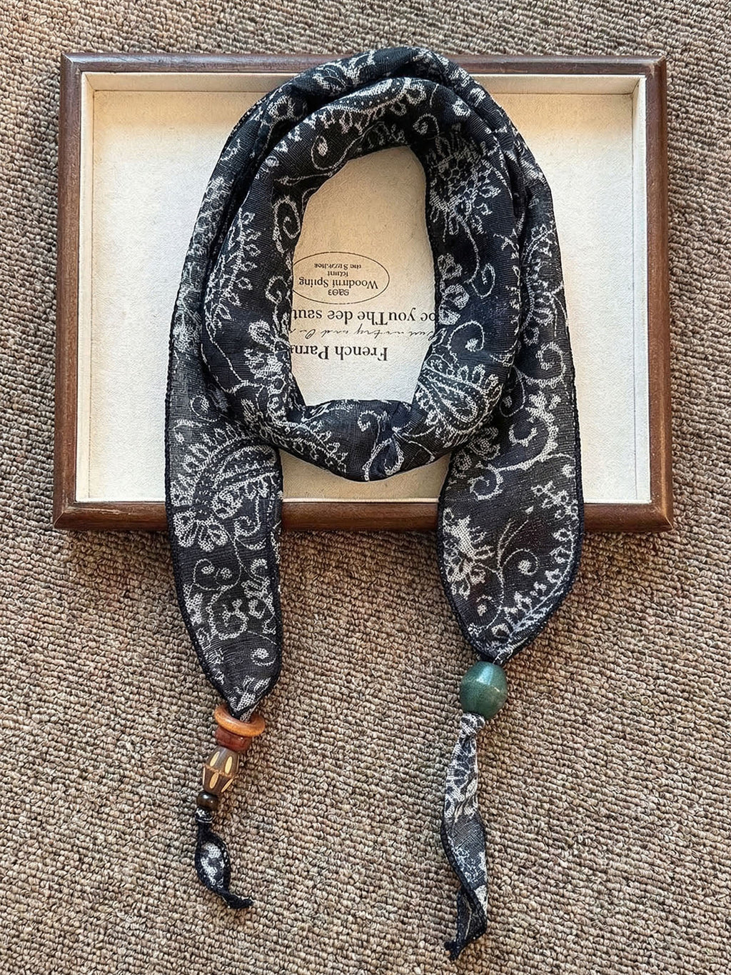 Multi-Functional Floral Satin Scarf With Jade Bead Accents