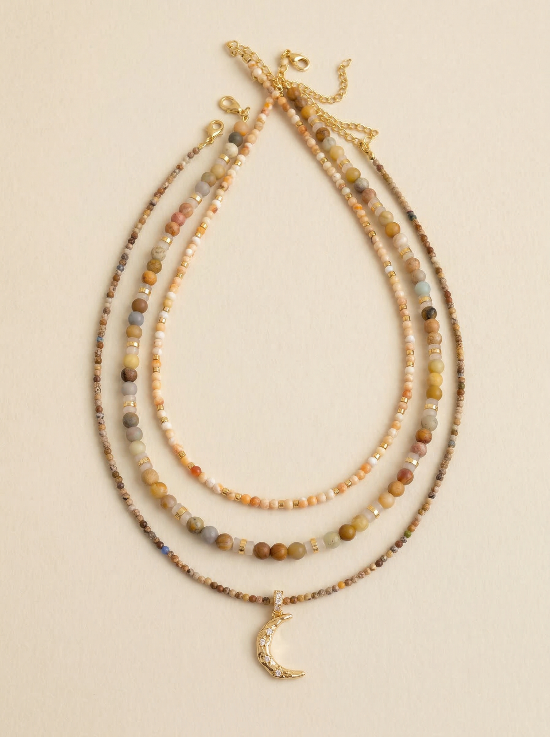 Handmade Natural Stone Beaded Necklace with Moon Pendant