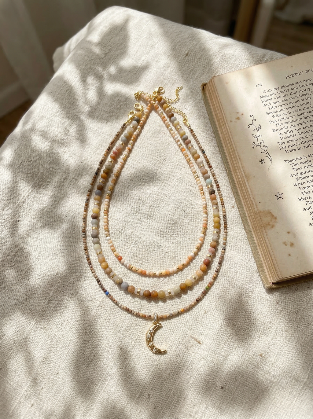 Handmade Natural Stone Beaded Necklace with Moon Pendant