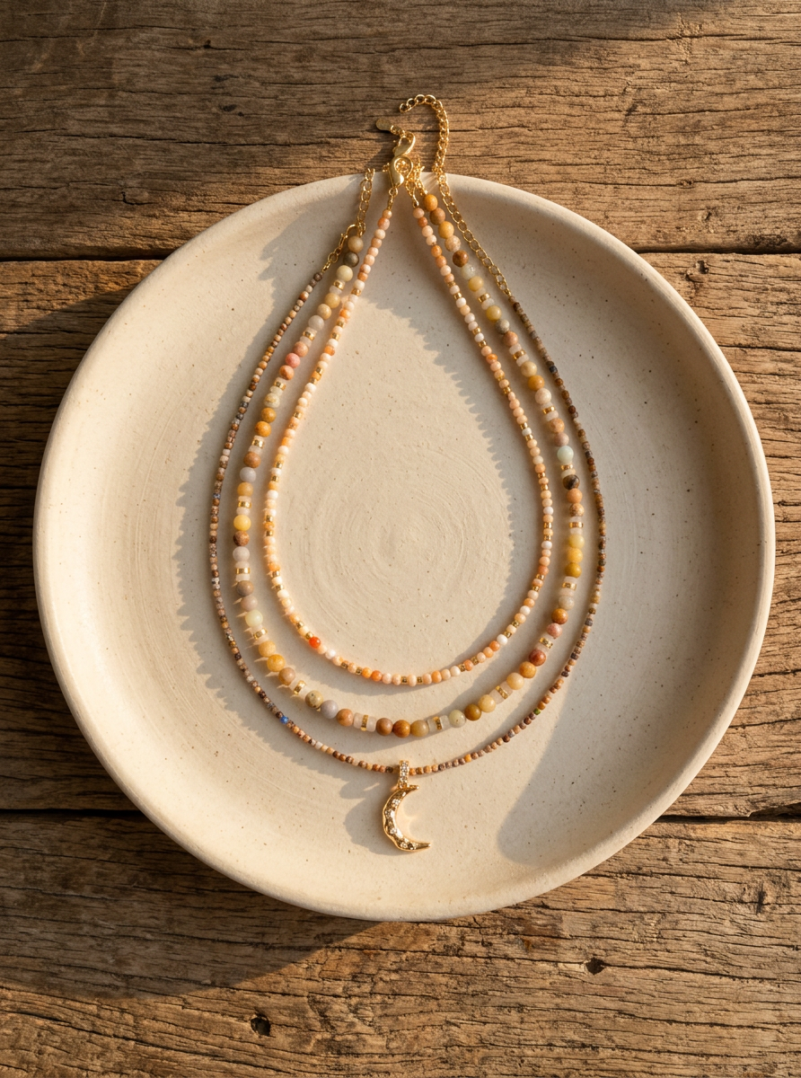 Handmade Natural Stone Beaded Necklace with Moon Pendant