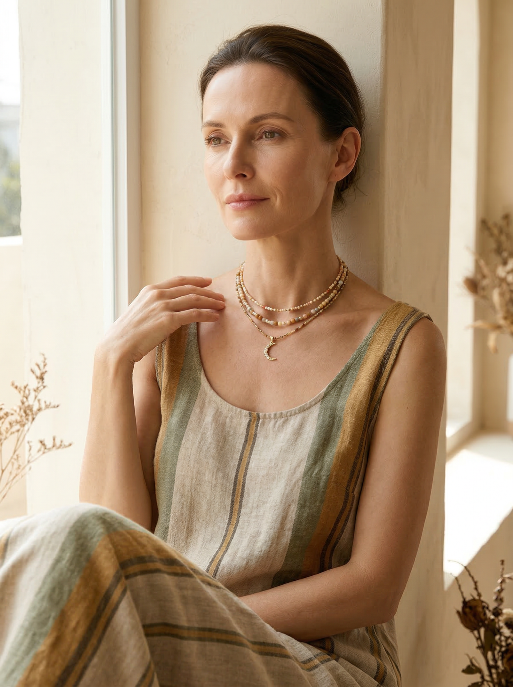 Handmade Natural Stone Beaded Necklace with Moon Pendant