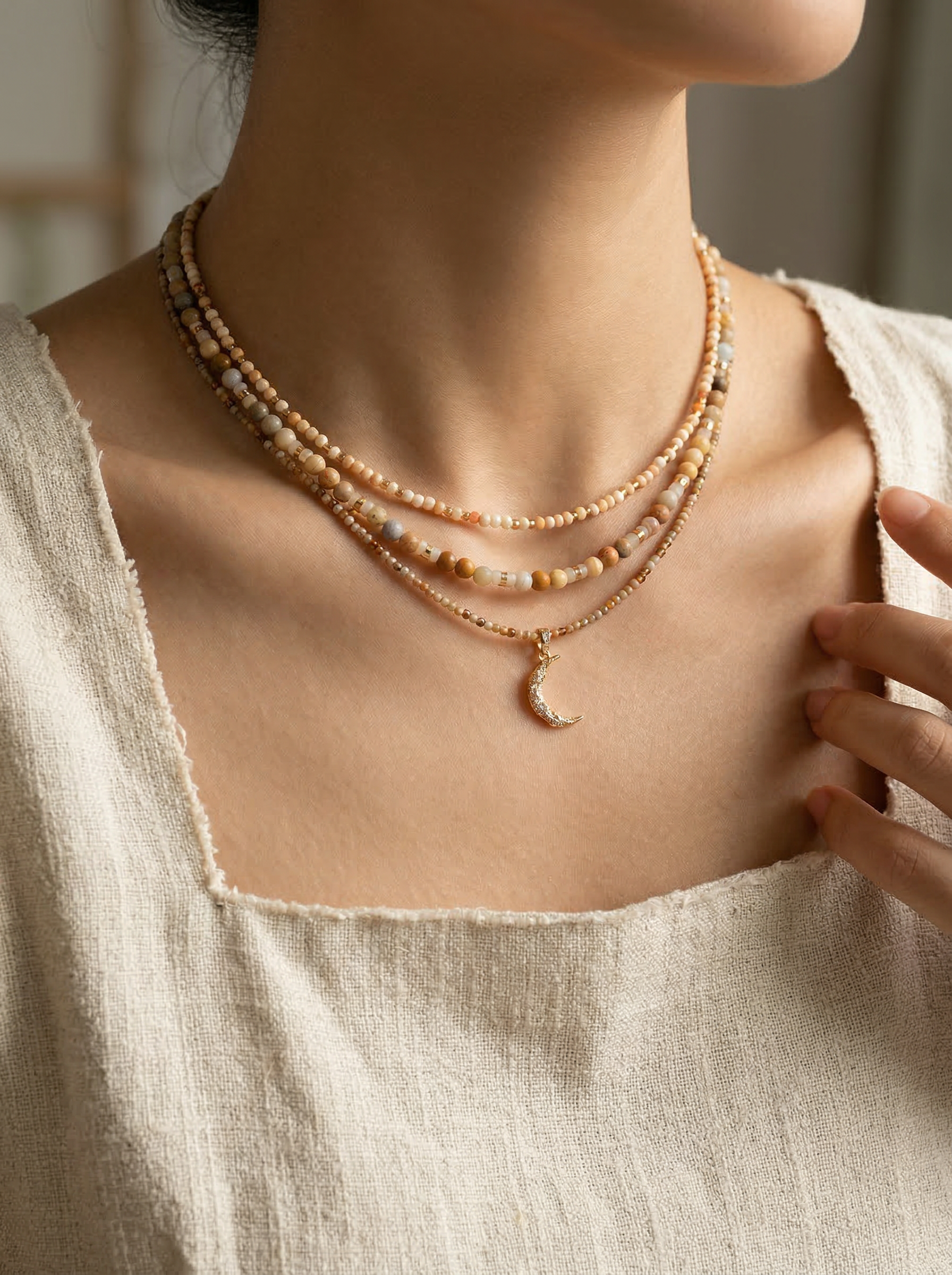 Handmade Natural Stone Beaded Necklace with Moon Pendant