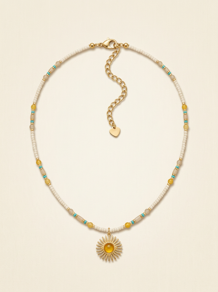Natural Stone Beaded Necklace with Sun Pendant