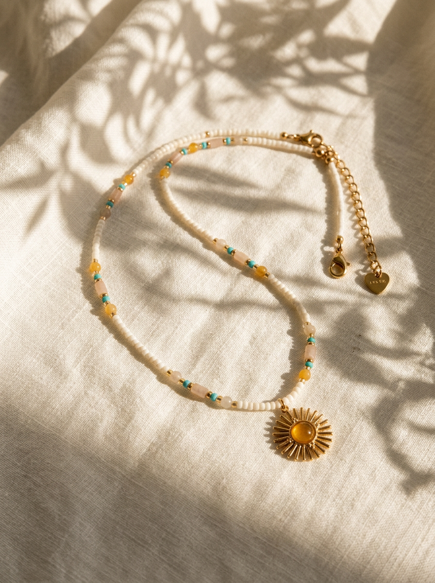 Natural Stone Beaded Necklace with Sun Pendant