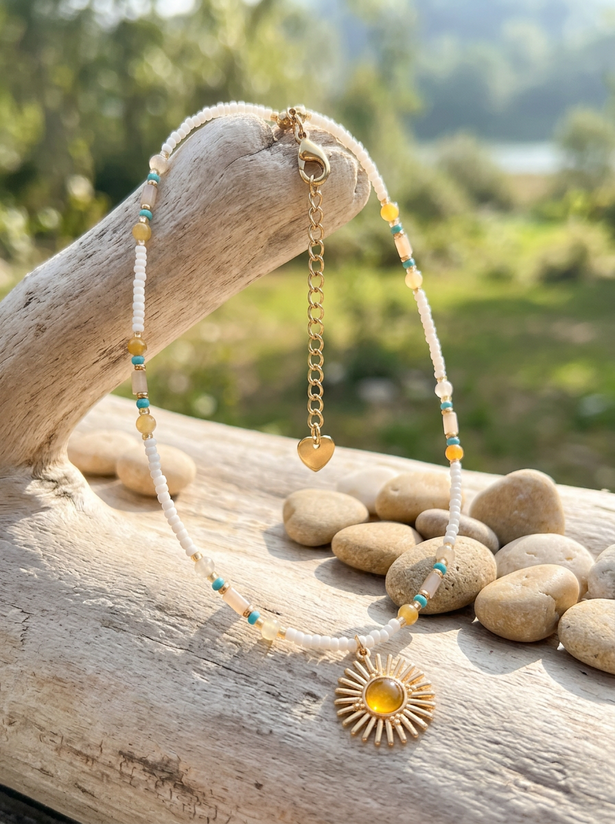 Natural Stone Beaded Necklace with Sun Pendant