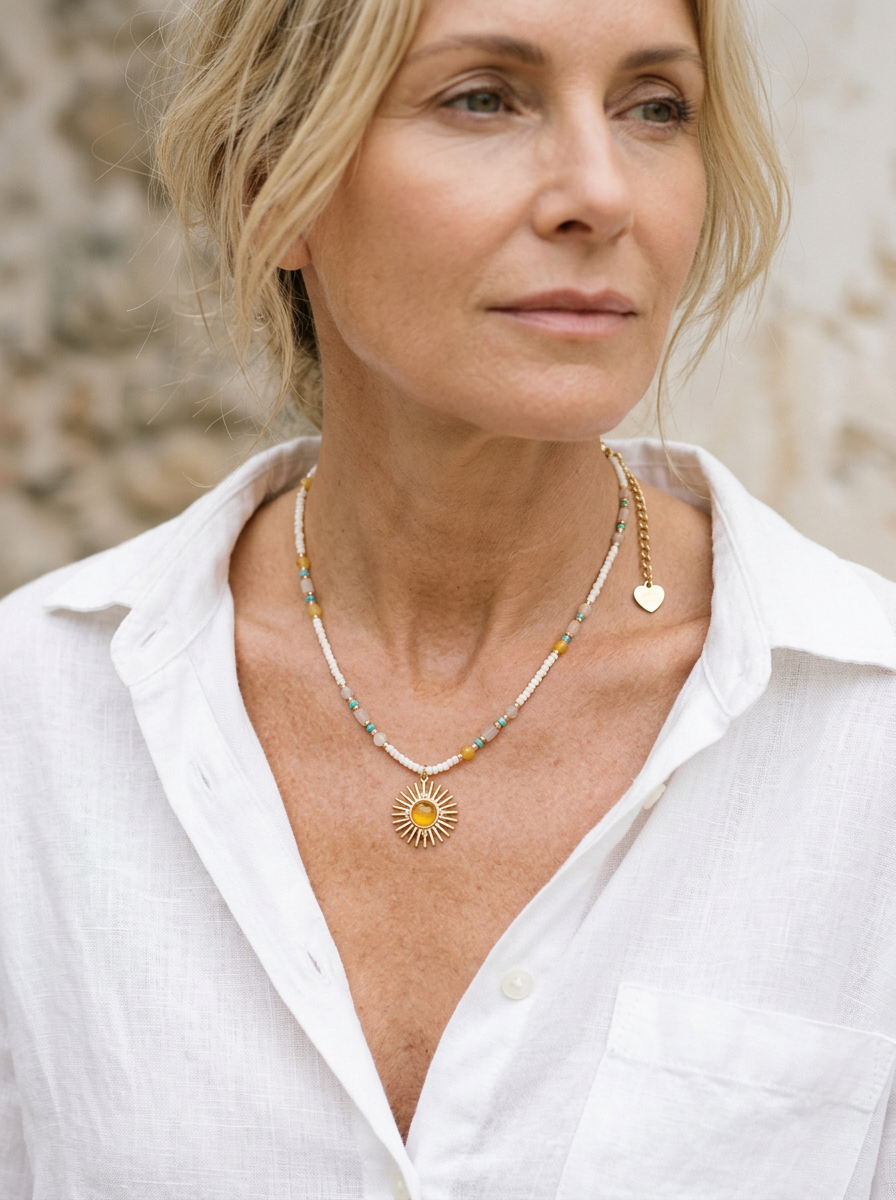 Natural Stone Beaded Necklace with Sun Pendant