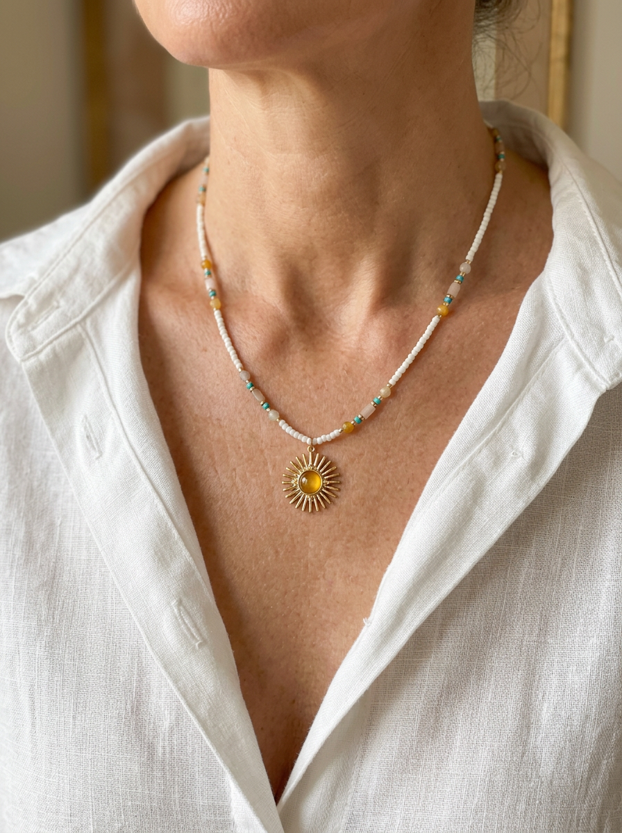 Natural Stone Beaded Necklace with Sun Pendant