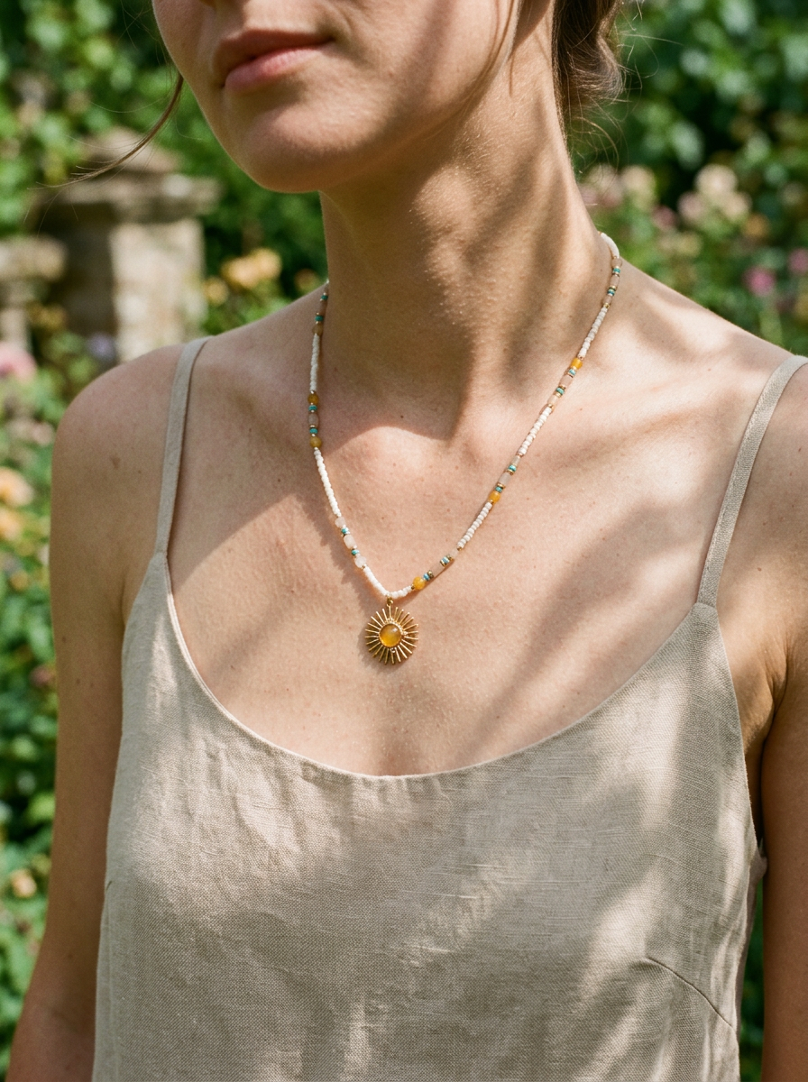 Natural Stone Beaded Necklace with Sun Pendant