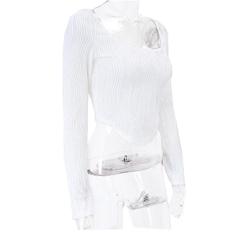 Autumn & Winter long-sleeved U-neck water ripple slim fit top T-shirt