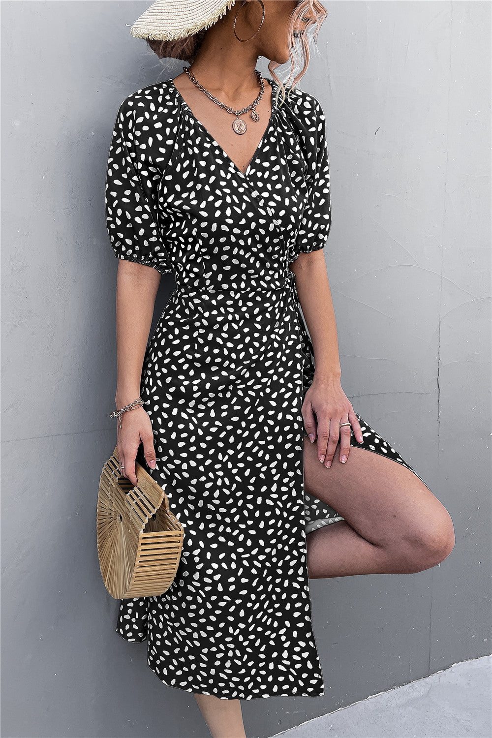 Woman Short Sleeve V Neck Chiffon Wrap Dresses Polka Dot Streetwear Elegant Midi Dress