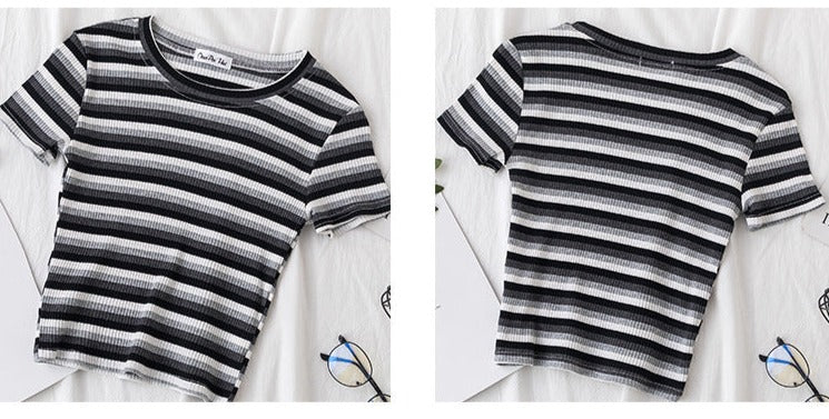 Women's short navel-baring rainbow striped tight T-shirt