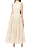 Pleated round neck sleeveless A dress with waist slimming long skirt