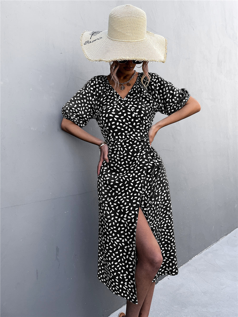 Woman Short Sleeve V Neck Chiffon Wrap Dresses Polka Dot Streetwear Elegant Midi Dress