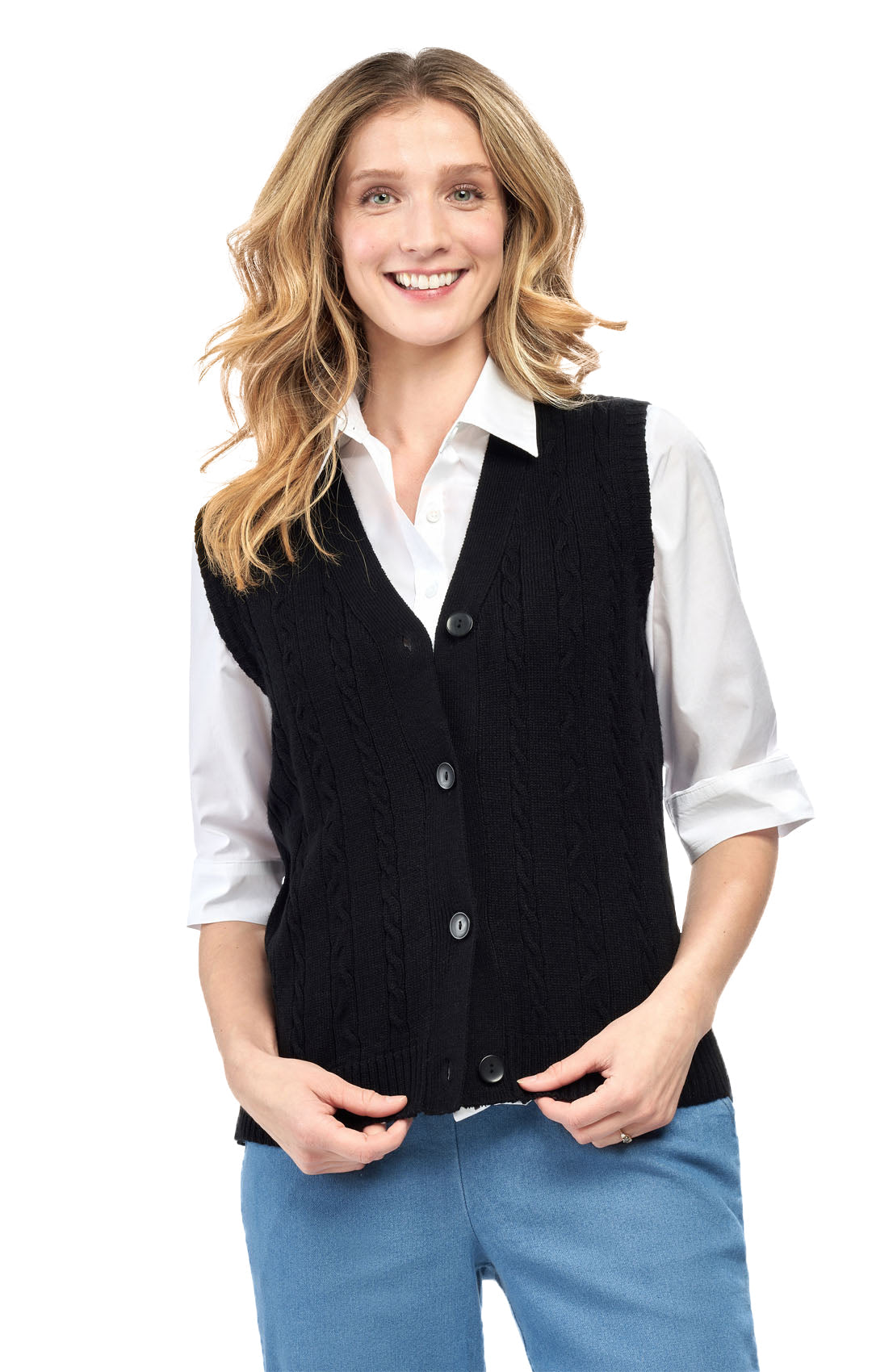 Women's Cable Knit Cardigan Sweater Vest — Button Front