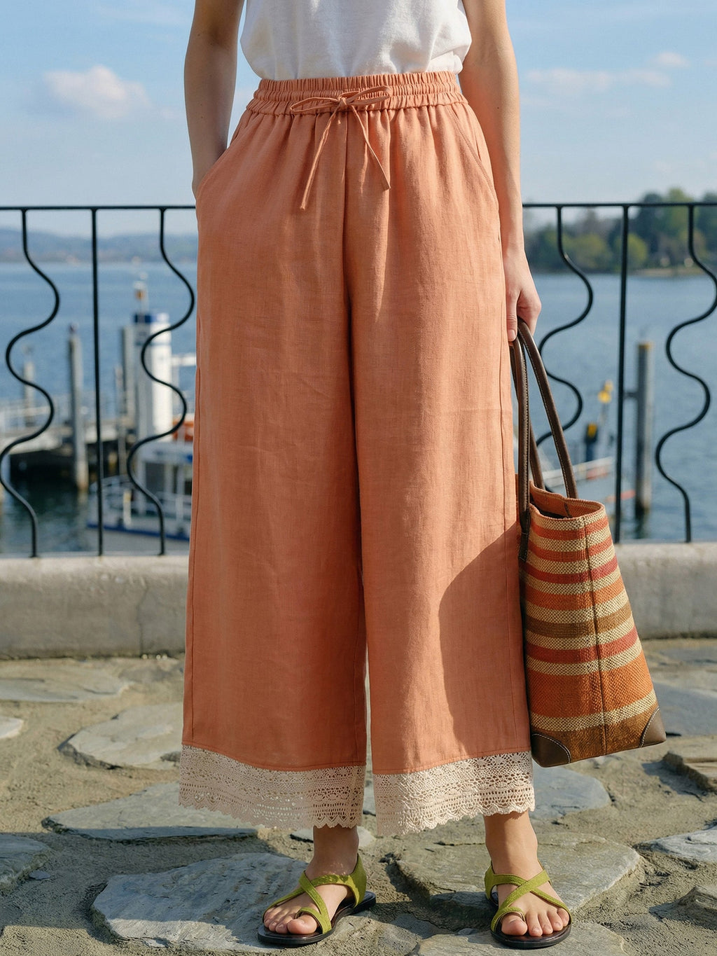 100% Linen Lace-Hem Wide-Leg Pants DARBY
