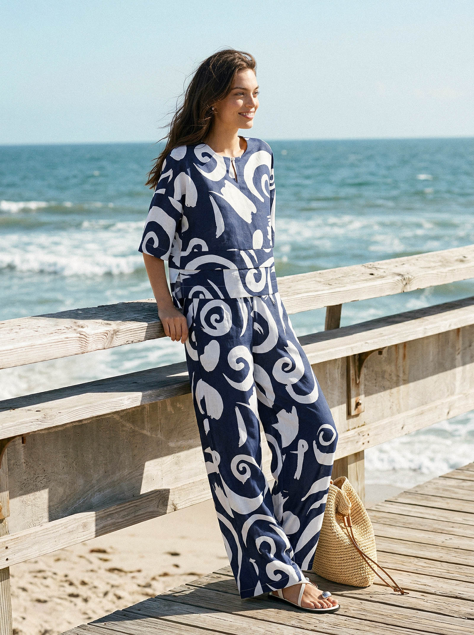 Linen Abstract-Print Straight-Leg Pants ORLA