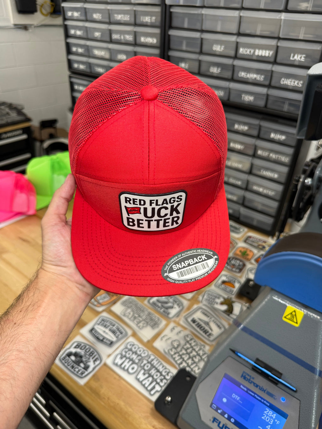 Red Flags Fuck Better | 7 Panel Canvas Patch Hat