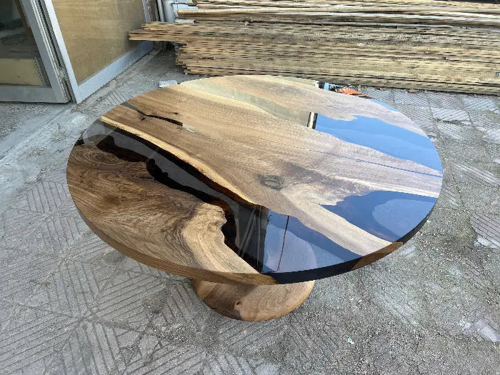 Custom Round Epoxy Resin Walnut Dining - Kitchen Table With Wood Base