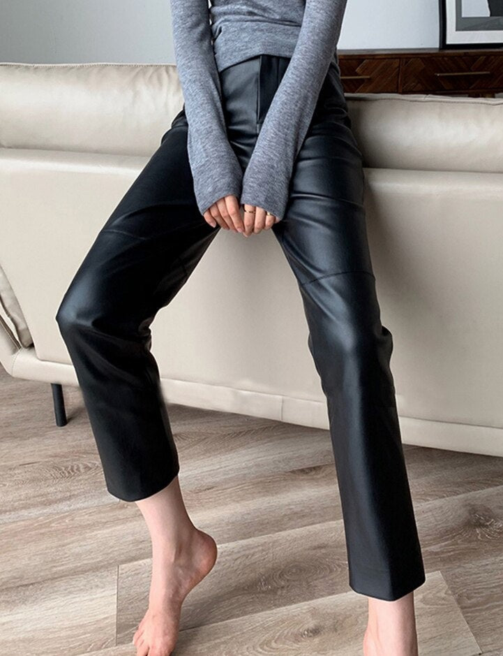 Loose Pockets Women PU Leather Trousers High Waist Single Button Ladies Straight Pants