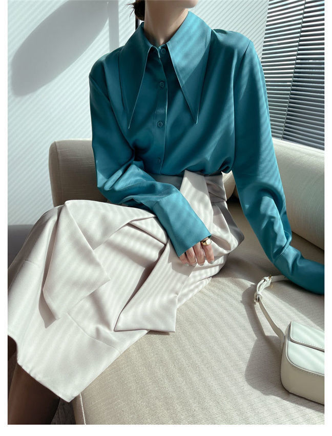 Big Pointed Collar White Blouses For Women Vintage Loose Long Sleeve Shirt