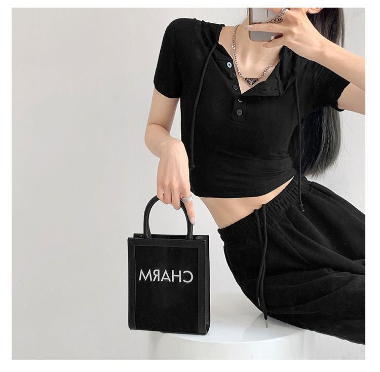 Fashion Hooded T-shirts Women Summer Tight Short Sleeve Y2k Tees Gray Crop Tops Female