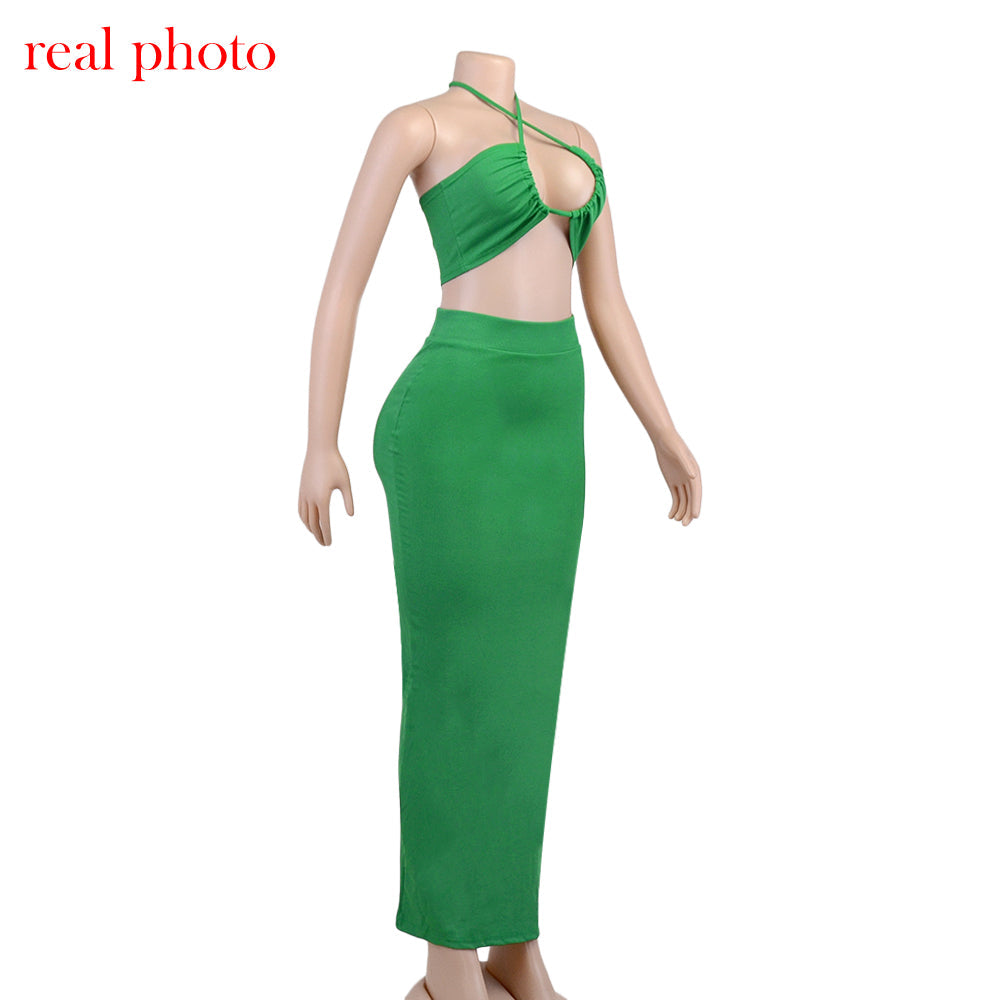 Cryptographic Bandage Cut Out Sexy Halter Neck Top and Skirts Set Gathered Elegant