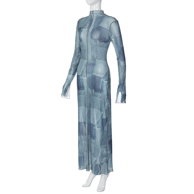 Mesh O Neck Long Flare Sleeve Print Slit Vintage Sexy Bodycon Maxi Dress