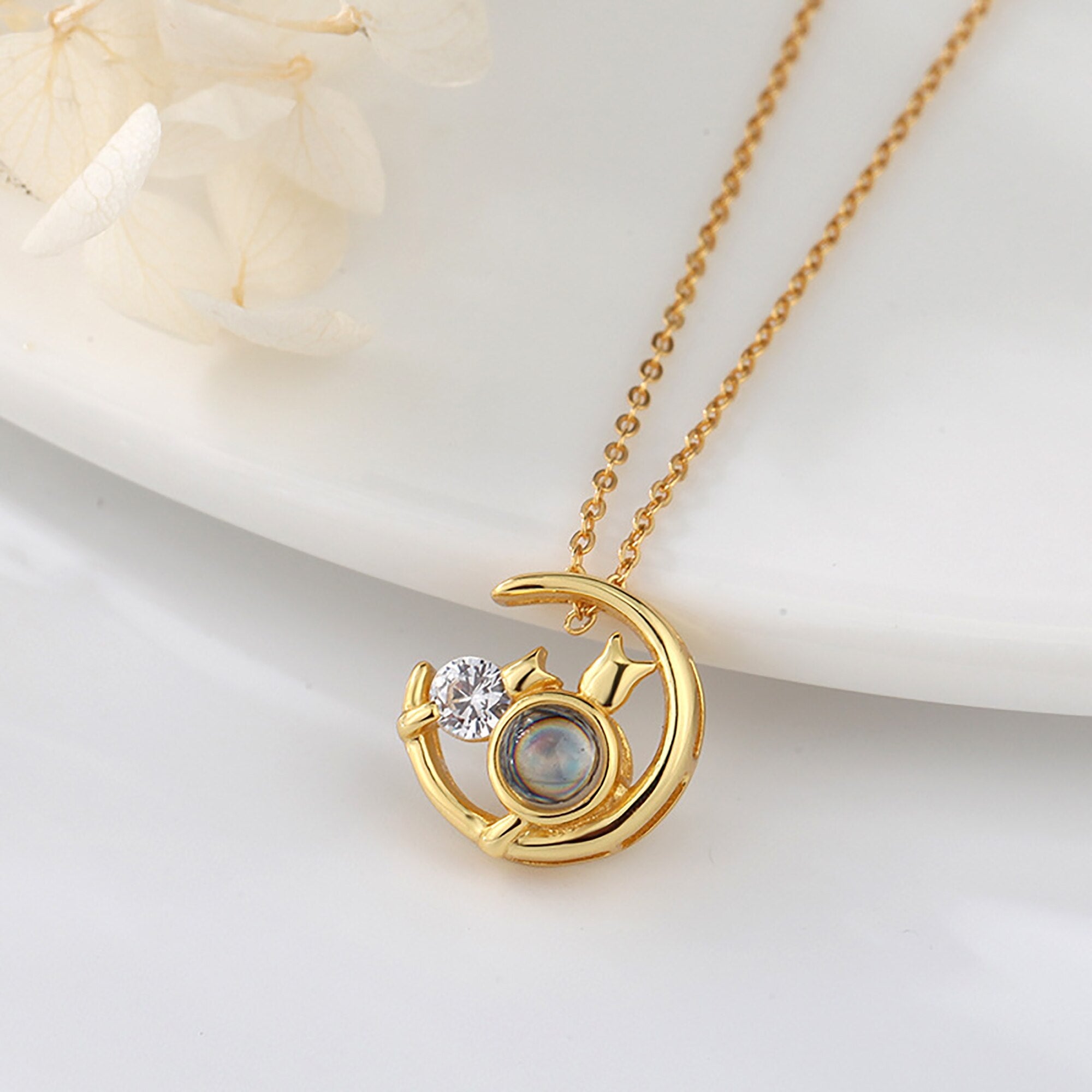 Moon Cat with customizable photos Projection Necklace  Pendant Jewelry