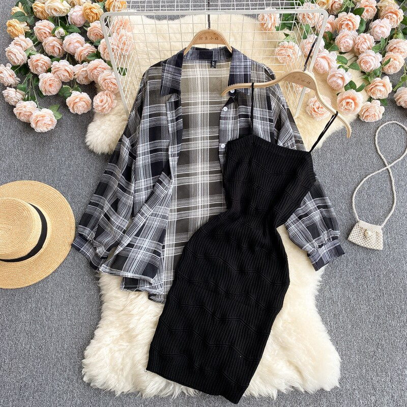 Summer Women Two Piece Set Plaid Long Sleeve Sunscreen Shirt+A-line Knitting Slip Dress