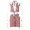 Ruffled Solid Halter Hollow Out Sleeveless Crop Top Pleated Skirts 2 Pieces Set