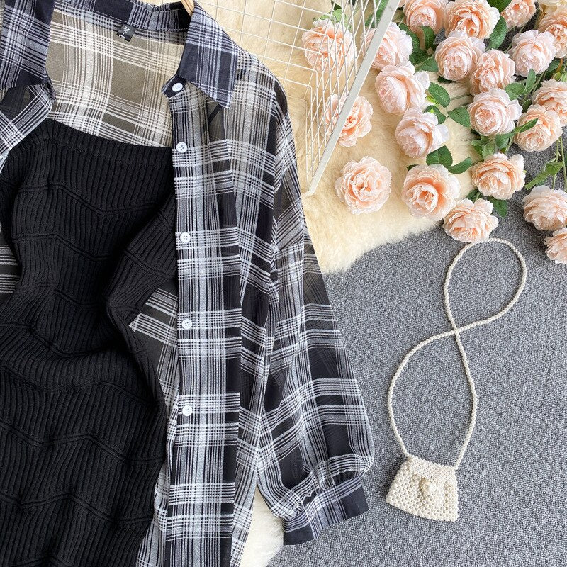 Summer Women Two Piece Set Plaid Long Sleeve Sunscreen Shirt+A-line Knitting Slip Dress