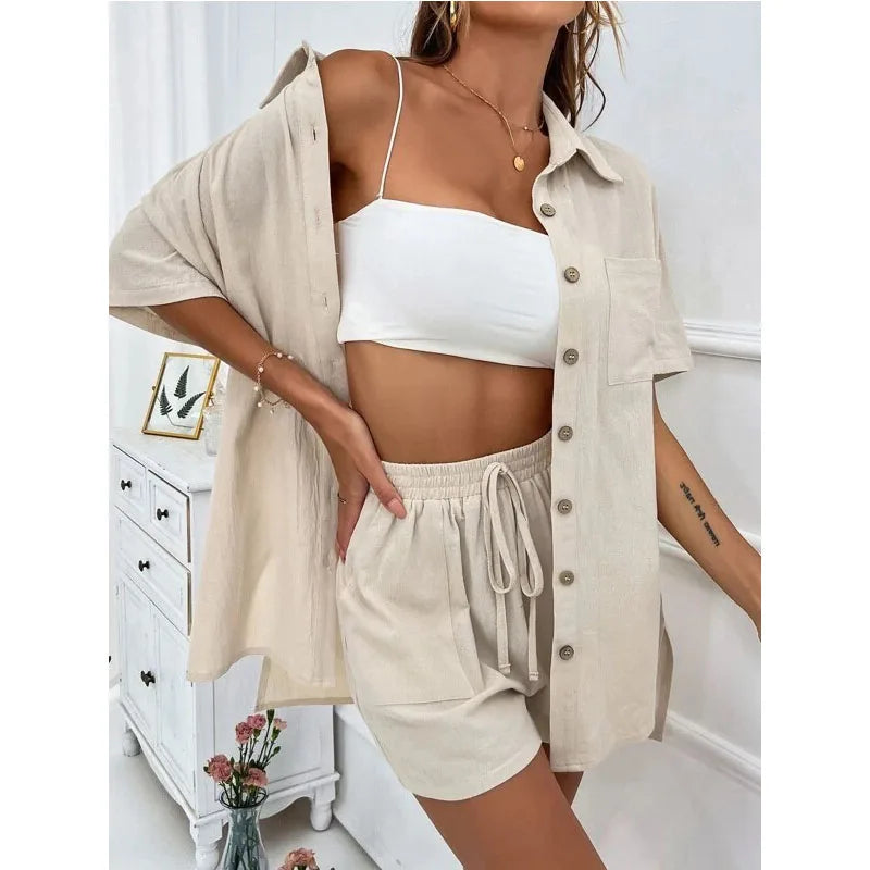 Solid Color Casual Loose Short Pants Sets For Women