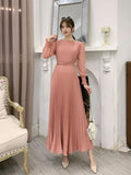 O-neck Long Sleeve A-line Dress Office Lady  Pleated Maxi Dress
