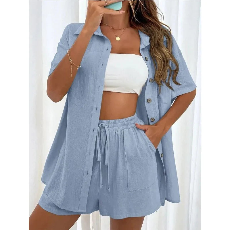 Solid Color Casual Loose Short Pants Sets For Women
