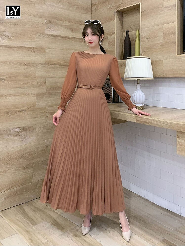 O-neck Long Sleeve A-line Dress Office Lady  Pleated Maxi Dress