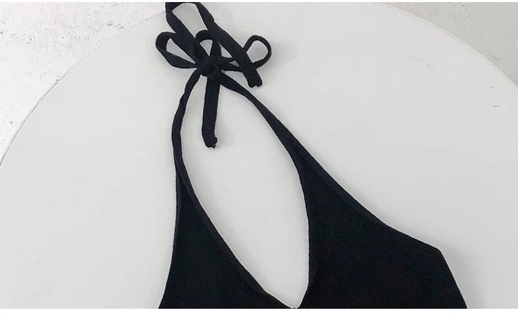 Y2K T-shirt Two Piece Women Long Sleeve Smock+Knitted Halterneck Camis Skinny Cropped Tops Woman