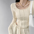 Fishbone Pattern Women's Long Sleeve T-shirt High Waist Slim Square Collar Tops Woman