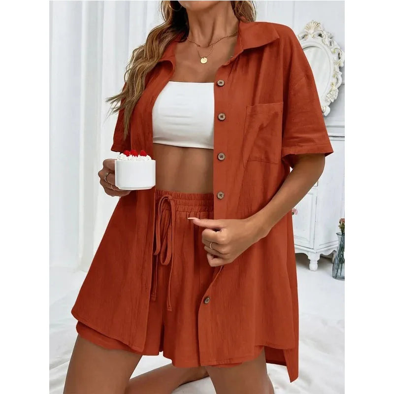 Solid Color Casual Loose Short Pants Sets For Women