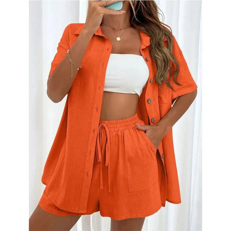 Solid Color Casual Loose Short Pants Sets For Women