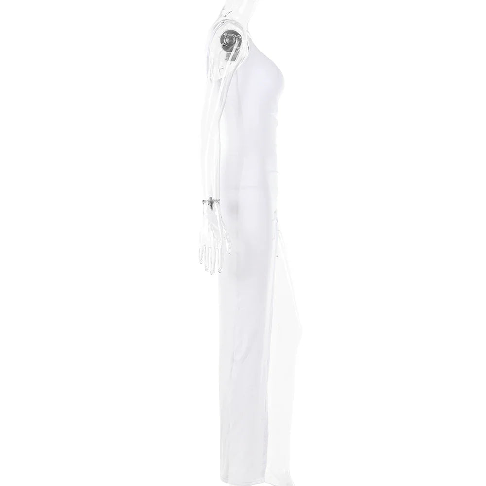 Drawstring High Slit Shoulder Slim Elastic Maxi Bodycon Dress
