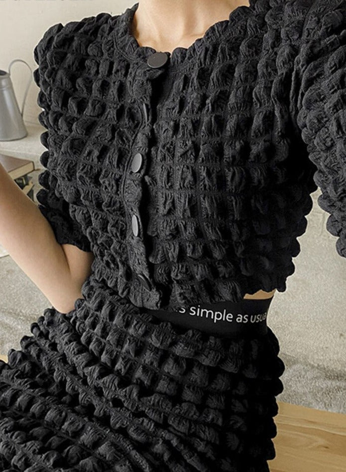 Summer Ladies 2 Pieces Skirt Set Short Sleeve Single-breasted Tops & High Waist