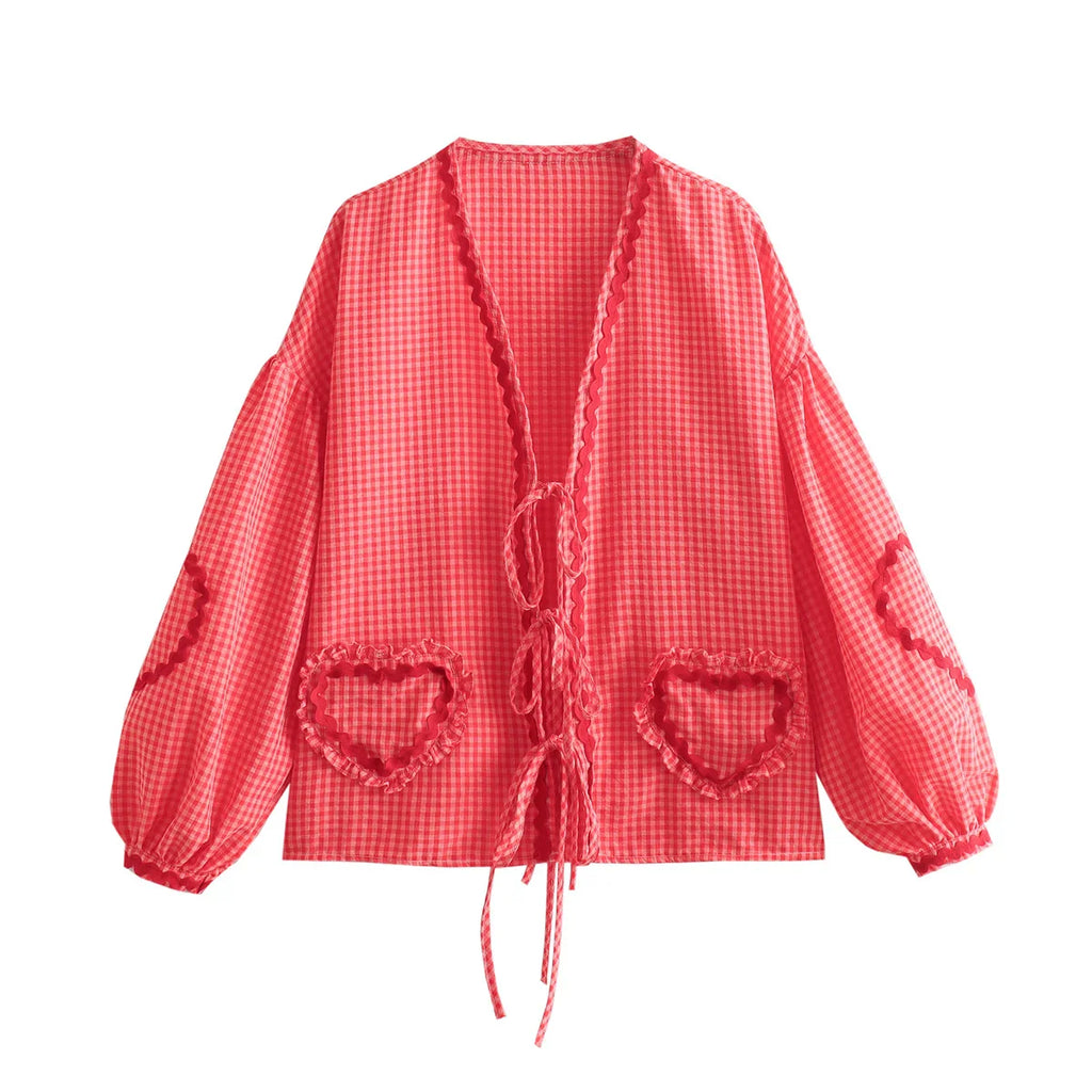 Heart Pockets Ladies V Neck Bow Buttons Blouses