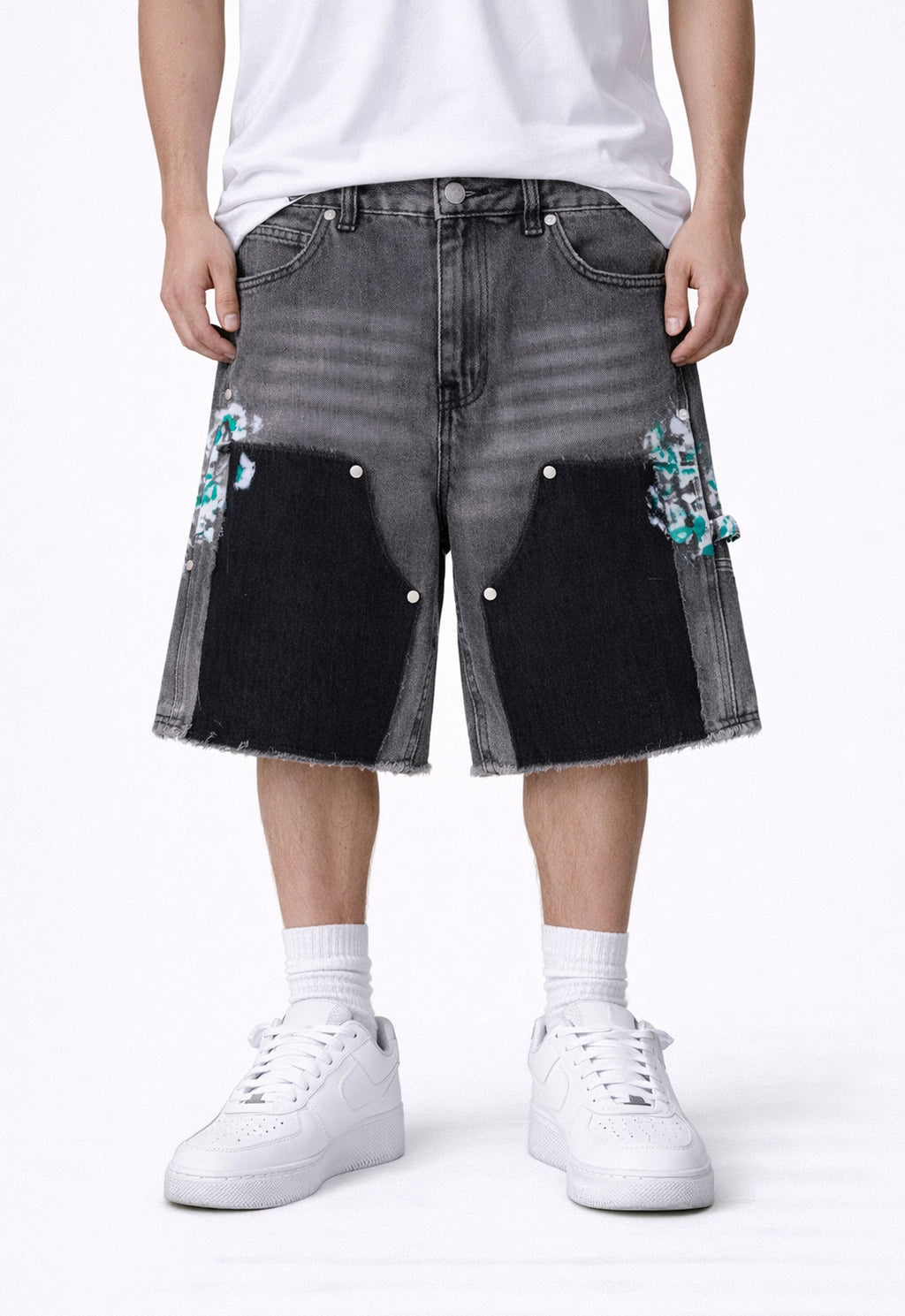 GREY SPLIT PAINTERS SHORTS