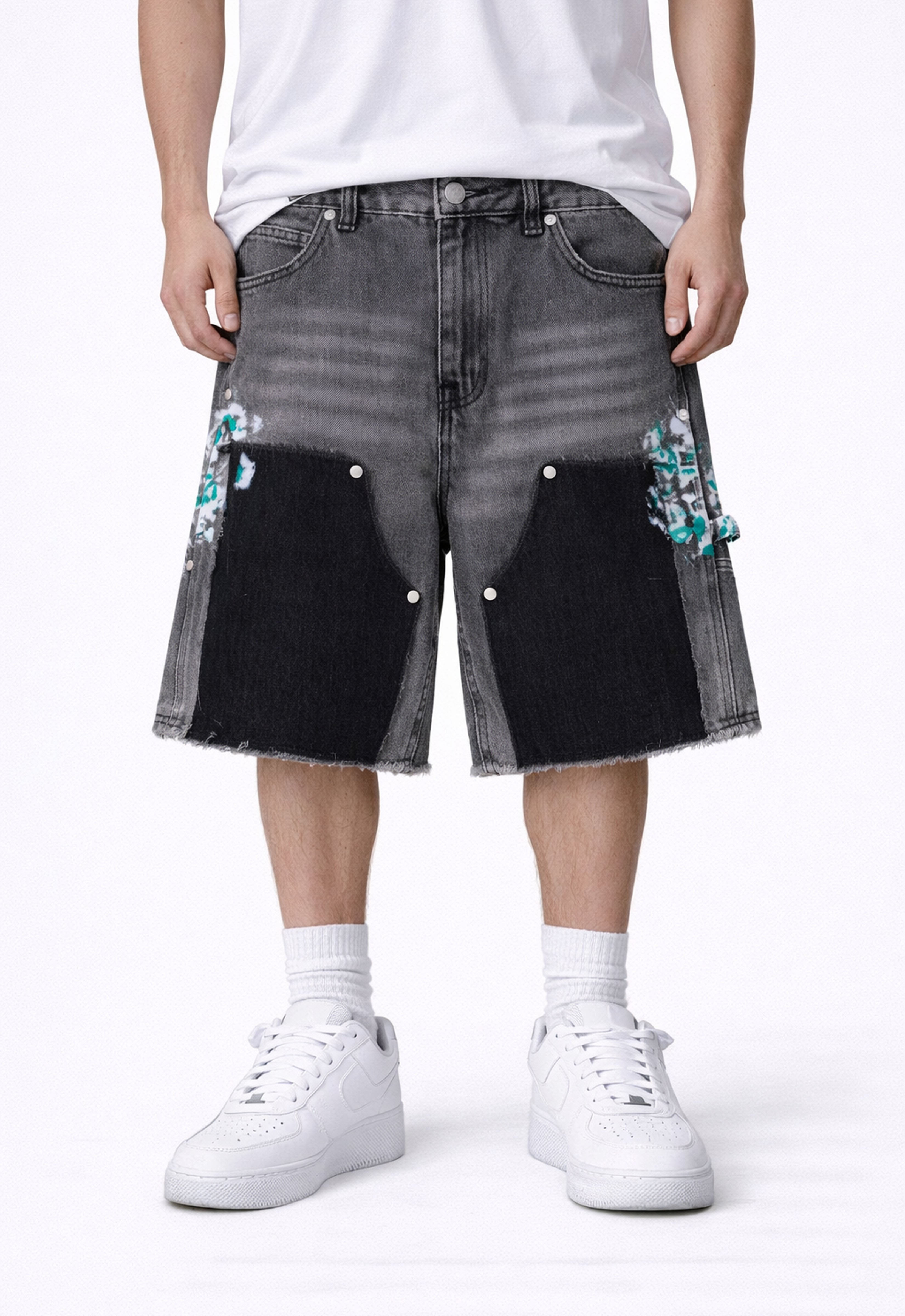 GREY SPLIT PAINTERS SHORTS