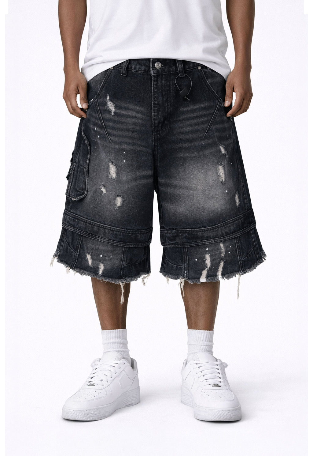 NOIR DISTRESSED CARGO SHORTS
