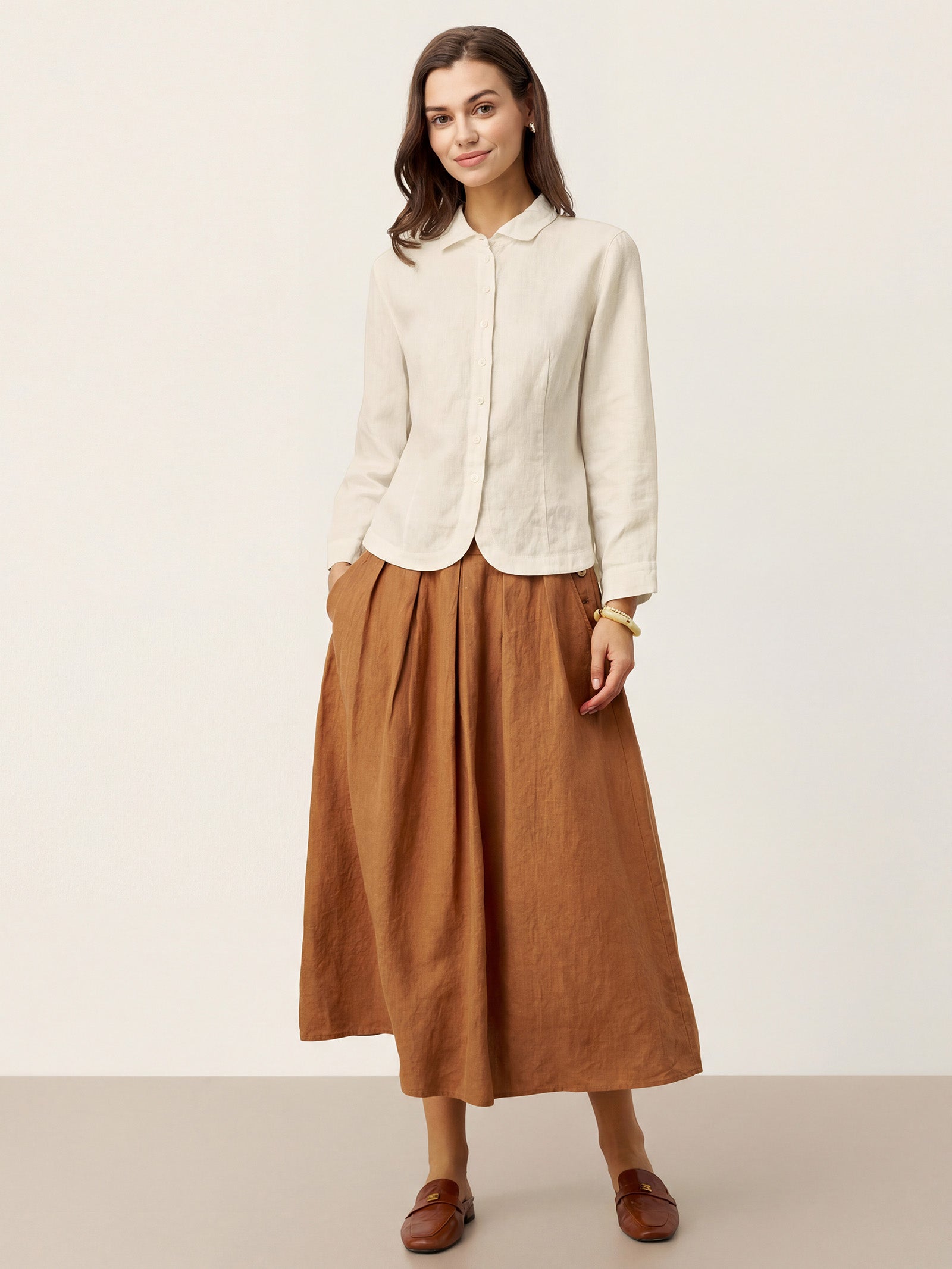 100% Linen Small Collar Curved Hem Tailored Shirt AVELINE