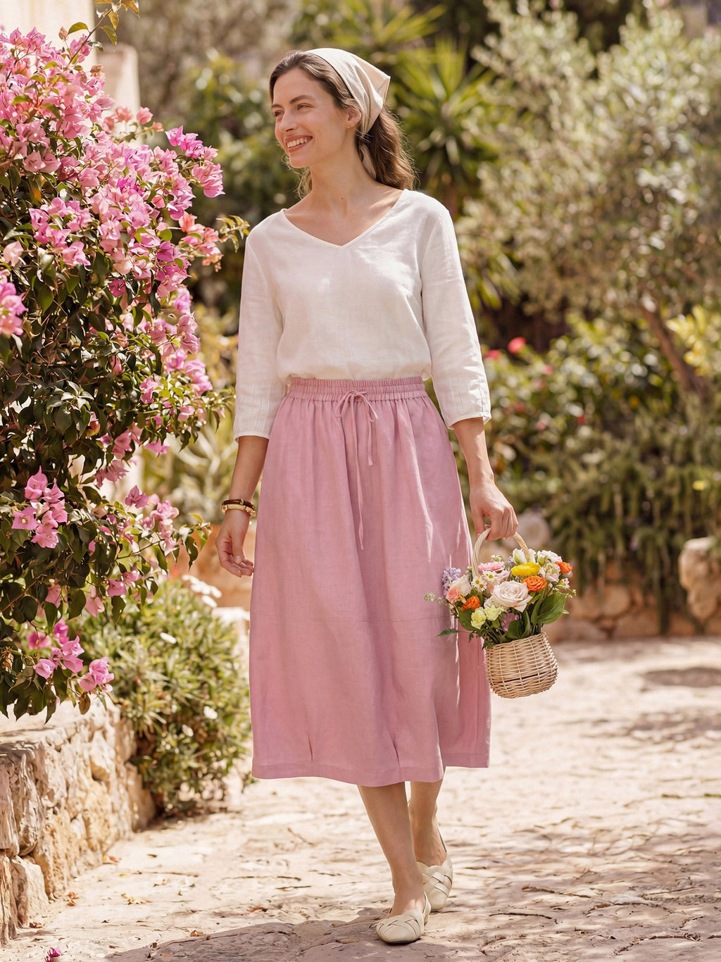 100% Linen Drawstring Lantern Maxi Skirt with Pockets ROXANNE