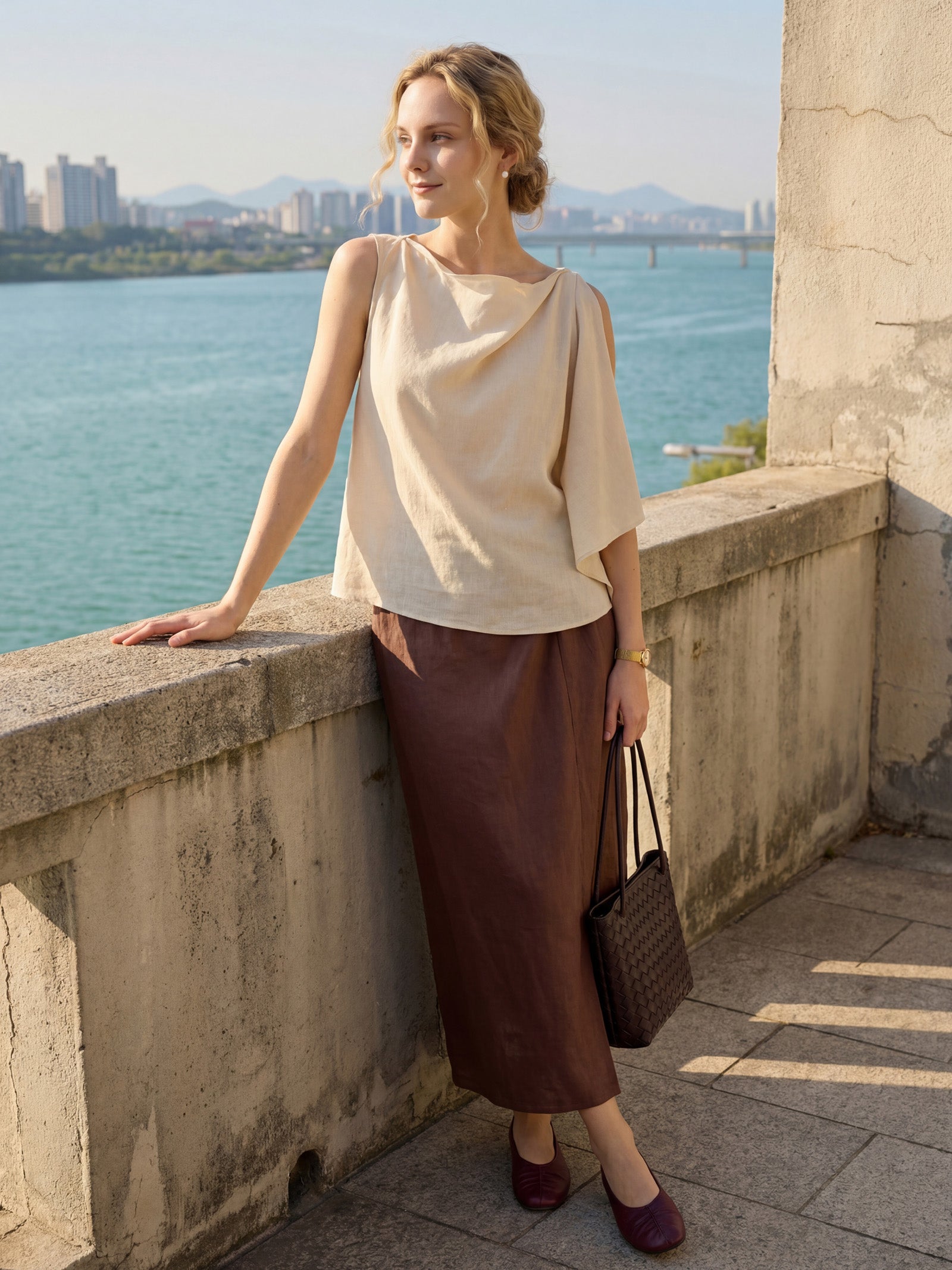 100% Linen Twist-Waist Slit Skirt LIVANA
