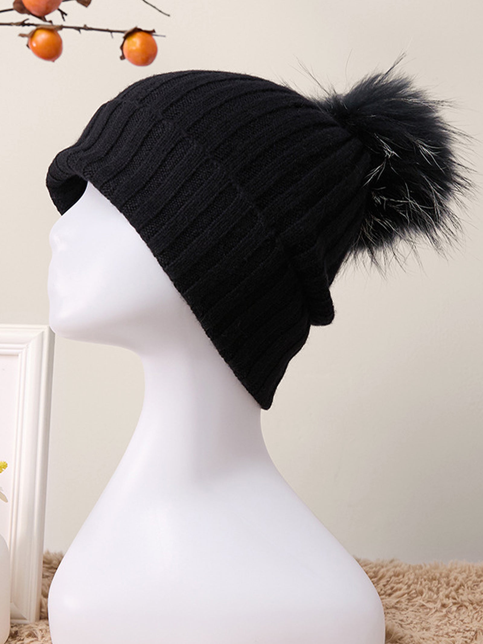 100% Cashmere Rib-Knit Slouchy Beanie With Pom-Pom